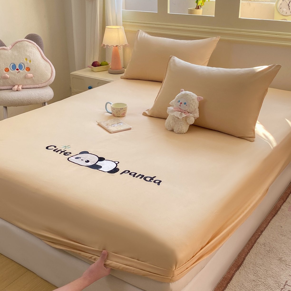 91家纺网 家纺一手货源 找家纺 恋人优选 2026新款爬爬熊刺绣全棉纯棉单床笠床笠单件（专版花型 盗版必究） 爬爬熊刺绣米色