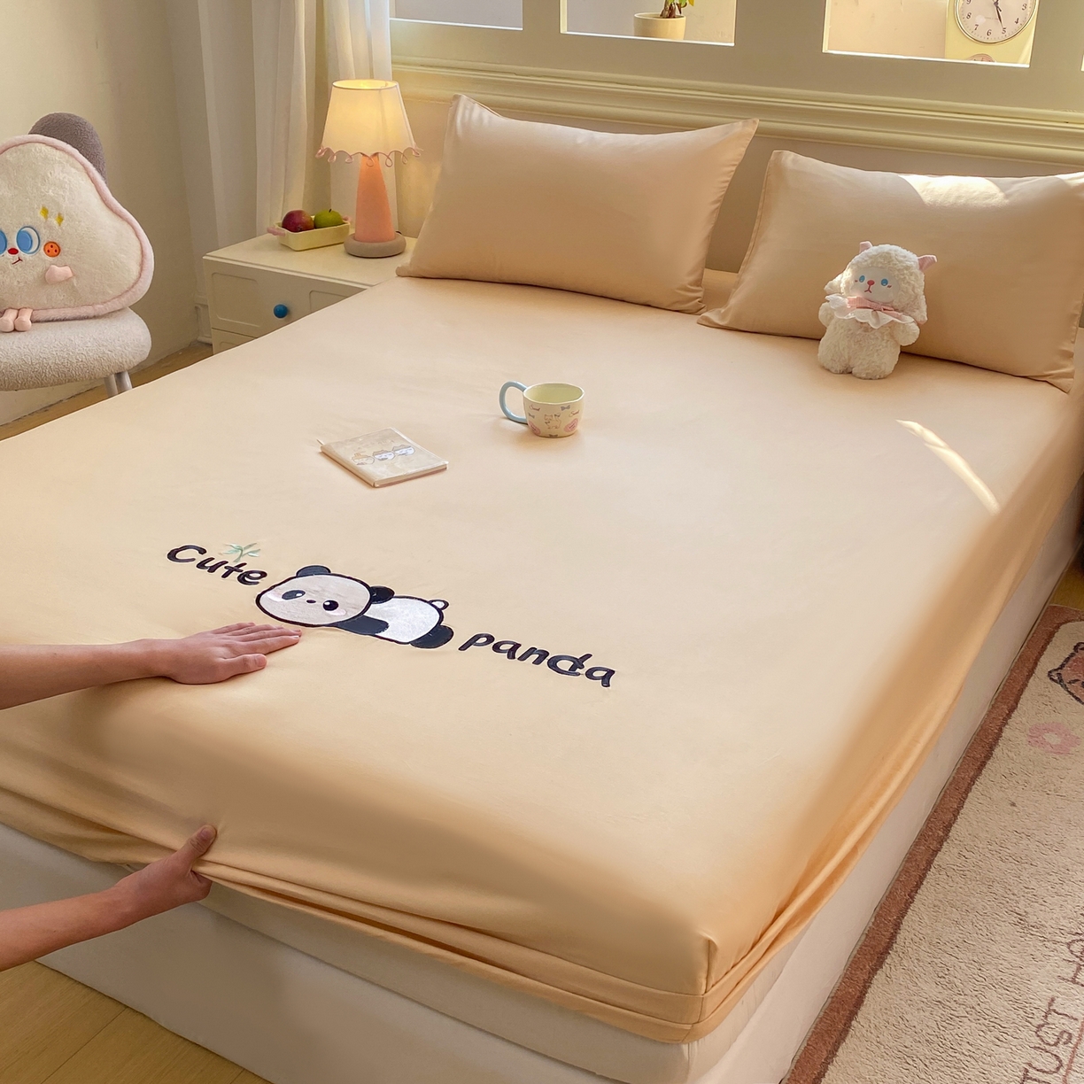 91家纺网 家纺一手货源 找家纺 恋人优选 2026新款爬爬熊刺绣全棉纯棉单床笠床笠单件（专版花型 盗版必究） 爬爬熊刺绣米色