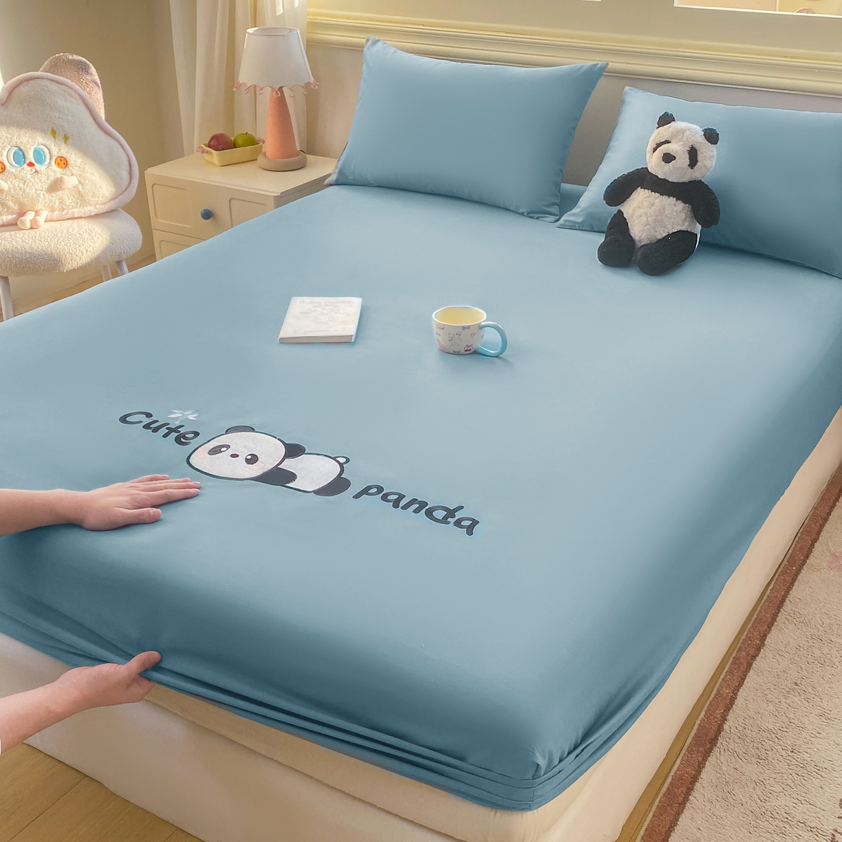 91家纺网 家纺一手货源 找家纺 恋人优选 2026新款爬爬熊刺绣全棉纯棉单床笠床笠单件（专版花型 盗版必究） 爬爬熊刺绣浅蓝