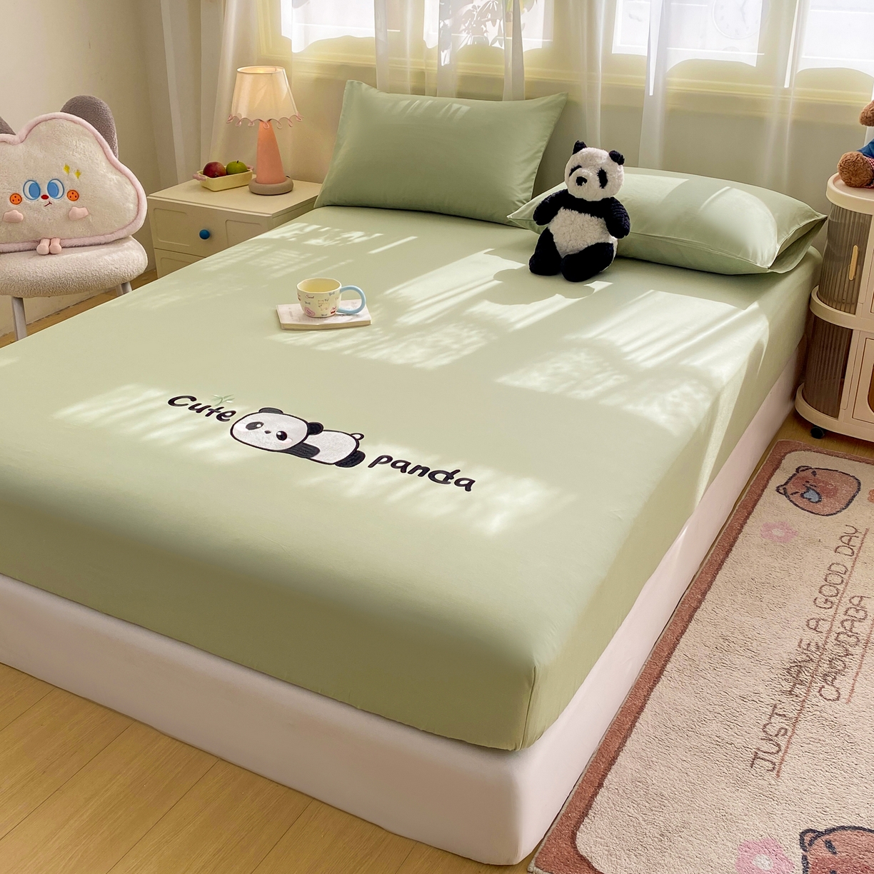 91家纺网 家纺一手货源 找家纺 恋人优选 2026新款爬爬熊刺绣全棉纯棉单床笠床笠单件（专版花型 盗版必究） 爬爬熊刺绣果绿