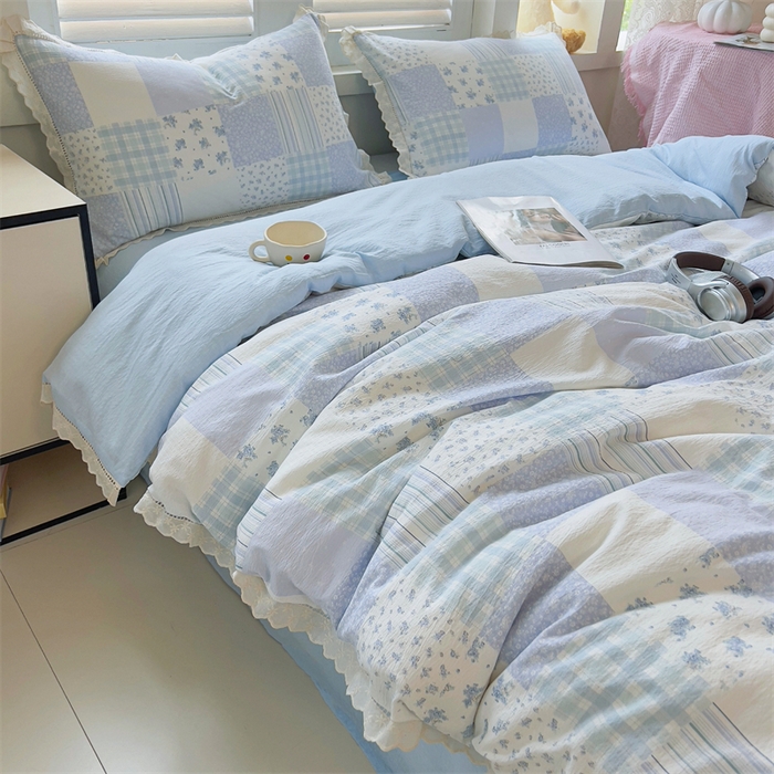 91家纺网 家纺一手货源 找家纺 （总）壹号库家纺 2026新款云感木棉皱皱纱双层纱四件套-全棉花边款