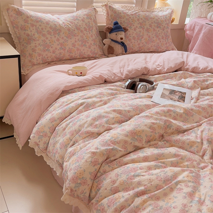 91家纺网 家纺一手货源 找家纺 （总）壹号库家纺 2026新款云感木棉皱皱纱双层纱四件套-全棉花边款