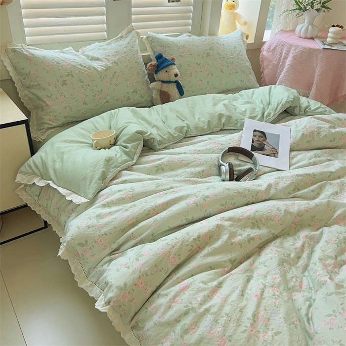 91家纺网 家纺一手货源 找家纺 （总）壹号库家纺 2026新款云感木棉皱皱纱双层纱四件套-全棉花边款