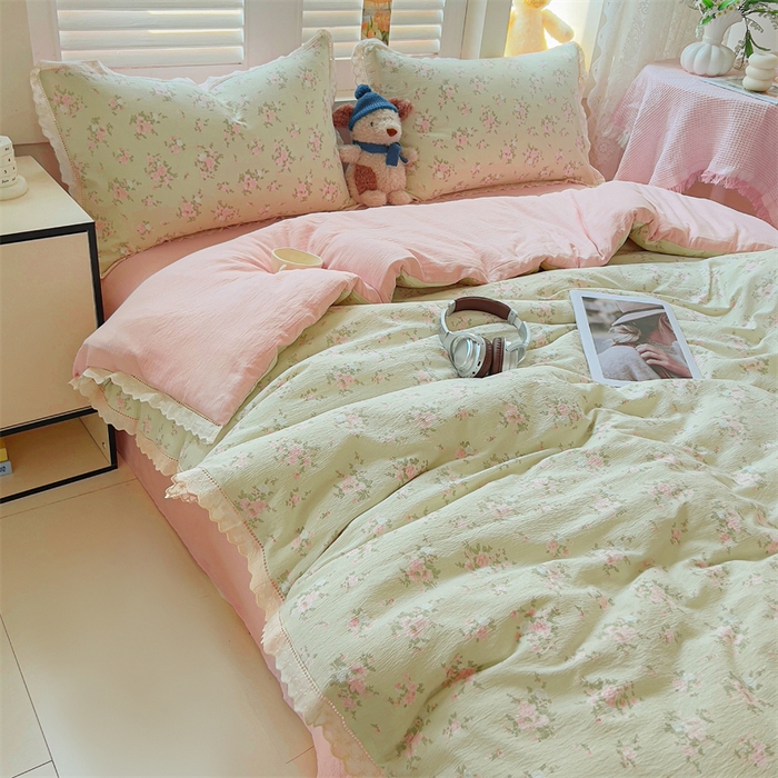 91家纺网 家纺一手货源 找家纺 （总）壹号库家纺 2026新款云感木棉皱皱纱双层纱四件套-全棉花边款