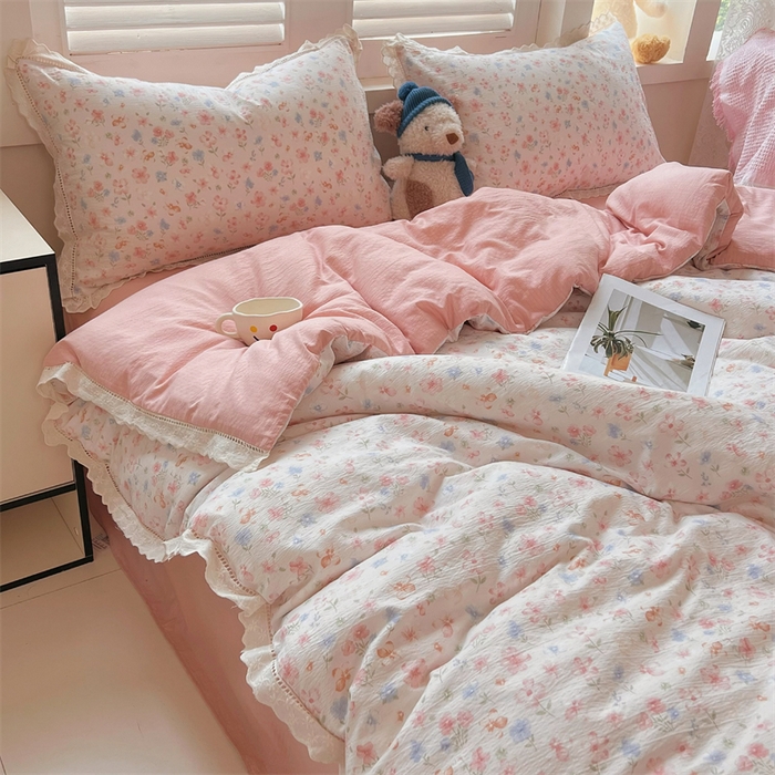 壹号库家纺 2026新款云感木棉皱皱纱双层纱四件套-全棉花边款 白茶