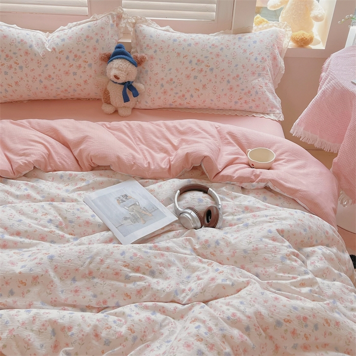 91家纺网 家纺一手货源 找家纺 壹号库家纺 2026新款云感木棉皱皱纱双层纱四件套-全棉花边款 白茶