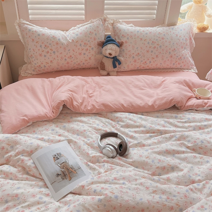 91家纺网 家纺一手货源 找家纺 壹号库家纺 2026新款云感木棉皱皱纱双层纱四件套-全棉花边款 白茶