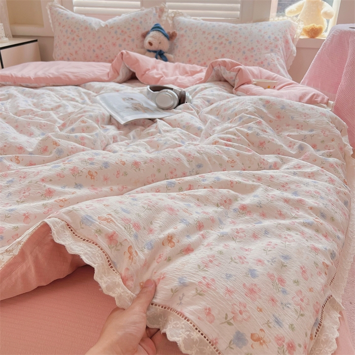 91家纺网 家纺一手货源 找家纺 壹号库家纺 2026新款云感木棉皱皱纱双层纱四件套-全棉花边款 白茶