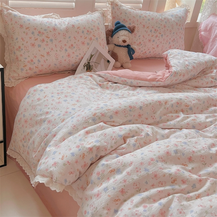 91家纺网 家纺一手货源 找家纺 壹号库家纺 2026新款云感木棉皱皱纱双层纱四件套-全棉花边款 白茶