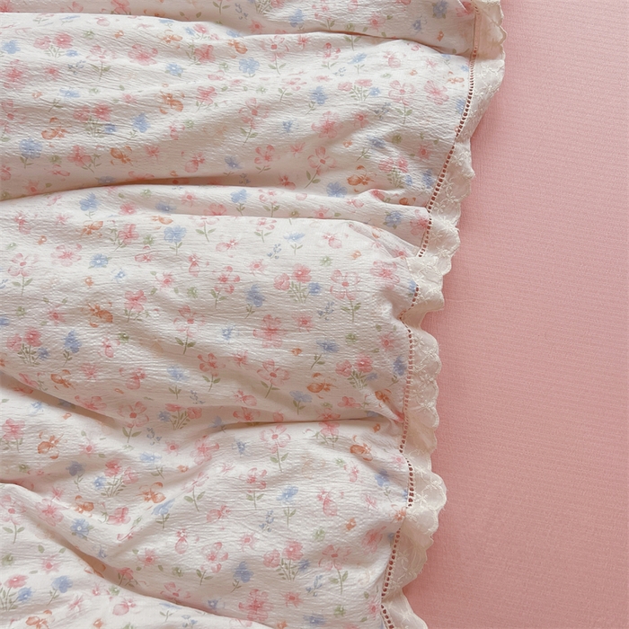 91家纺网 家纺一手货源 找家纺 壹号库家纺 2026新款云感木棉皱皱纱双层纱四件套-全棉花边款 白茶