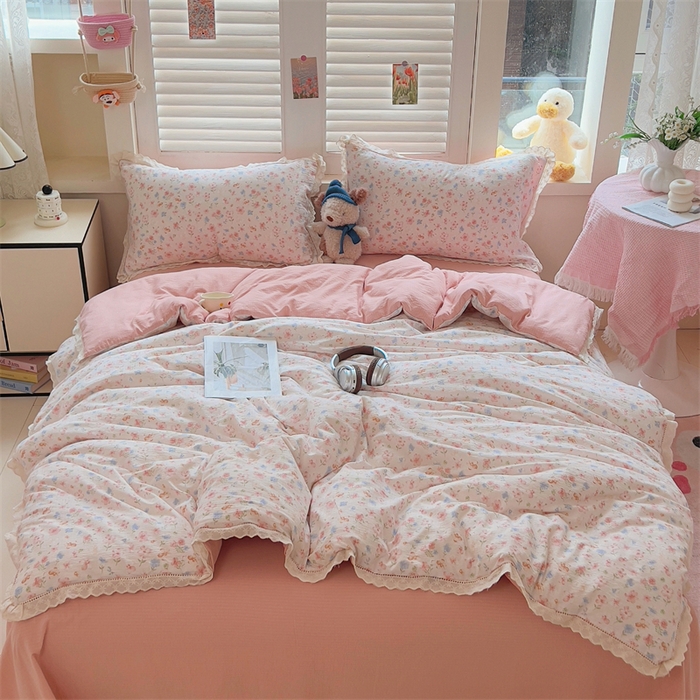 91家纺网 家纺一手货源 找家纺 壹号库家纺 2026新款云感木棉皱皱纱双层纱四件套-全棉花边款 白茶