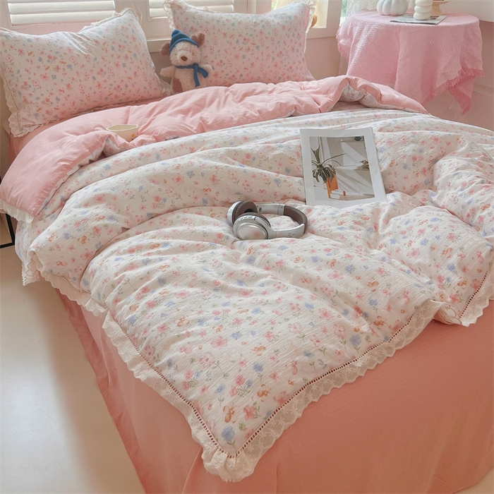 91家纺网 家纺一手货源 找家纺 壹号库家纺 2026新款云感木棉皱皱纱双层纱四件套-全棉花边款 白茶