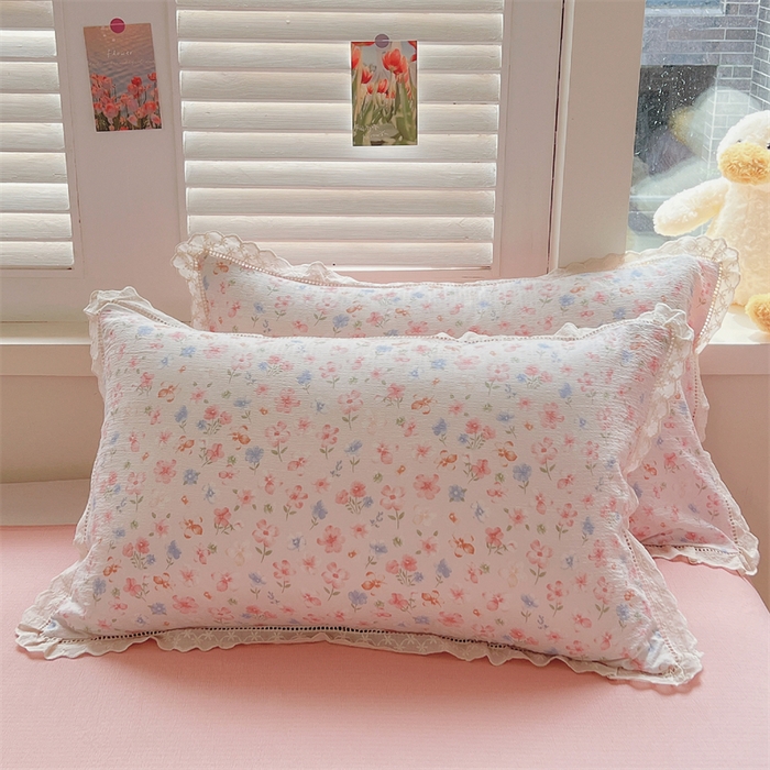 91家纺网 家纺一手货源 找家纺 壹号库家纺 2026新款云感木棉皱皱纱双层纱四件套-全棉花边款 白茶