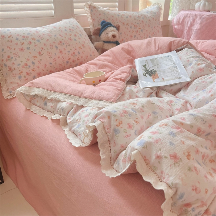 91家纺网 家纺一手货源 找家纺 壹号库家纺 2026新款云感木棉皱皱纱双层纱四件套-全棉花边款 白茶