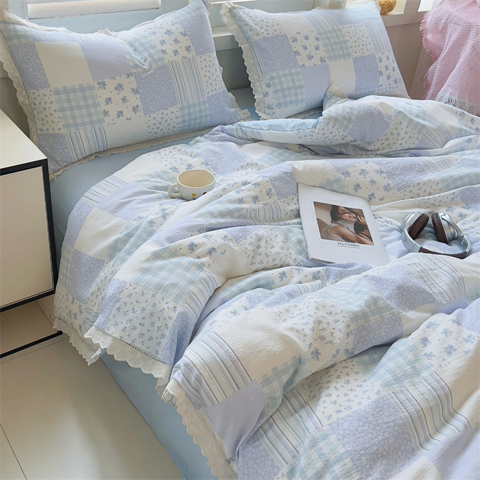 91家纺网 家纺一手货源 找家纺 壹号库家纺 2026新款云感木棉皱皱纱双层纱四件套-全棉花边款 百福（兰）