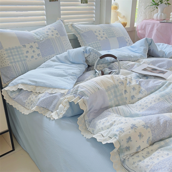 91家纺网 家纺一手货源 找家纺 壹号库家纺 2026新款云感木棉皱皱纱双层纱四件套-全棉花边款 百福（兰）