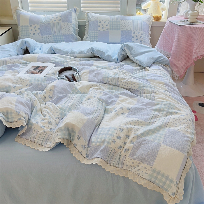 91家纺网 家纺一手货源 找家纺 壹号库家纺 2026新款云感木棉皱皱纱双层纱四件套-全棉花边款 百福（兰）