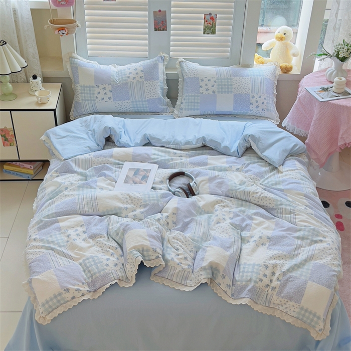 91家纺网 家纺一手货源 找家纺 壹号库家纺 2026新款云感木棉皱皱纱双层纱四件套-全棉花边款 百福（兰）