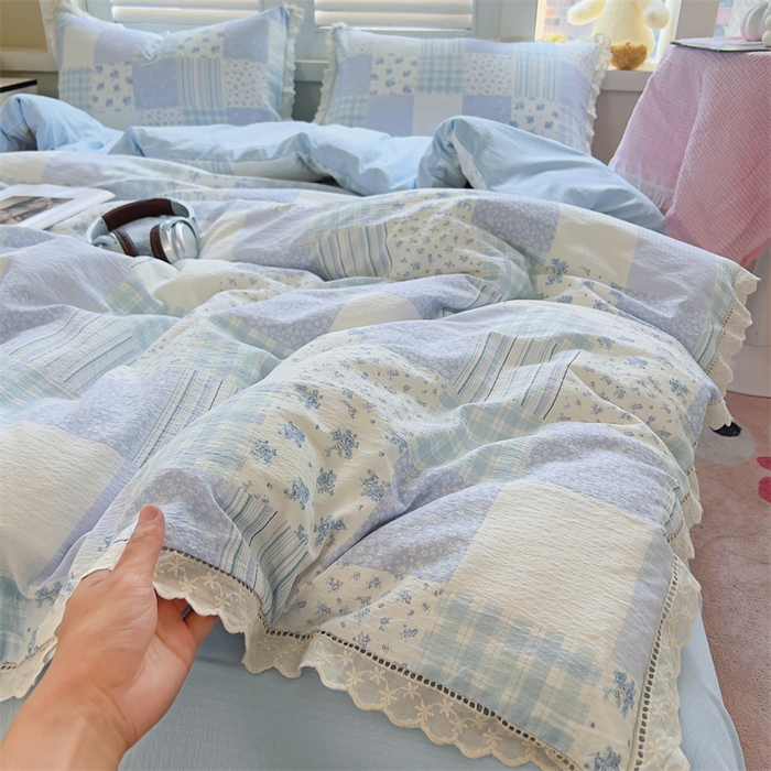 91家纺网 家纺一手货源 找家纺 壹号库家纺 2026新款云感木棉皱皱纱双层纱四件套-全棉花边款 百福（兰）