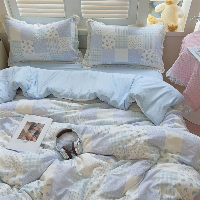 91家纺网 家纺一手货源 找家纺 壹号库家纺 2026新款云感木棉皱皱纱双层纱四件套-全棉花边款 百福（兰）