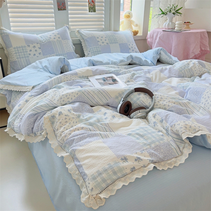 91家纺网 家纺一手货源 找家纺 壹号库家纺 2026新款云感木棉皱皱纱双层纱四件套-全棉花边款 百福（兰）