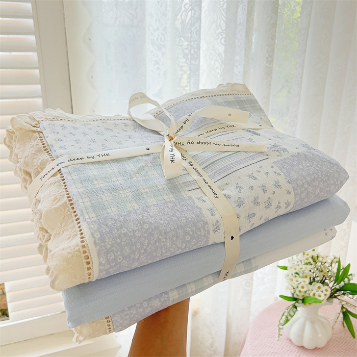 91家纺网 家纺一手货源 找家纺 壹号库家纺 2026新款云感木棉皱皱纱双层纱四件套-全棉花边款 百福（兰）