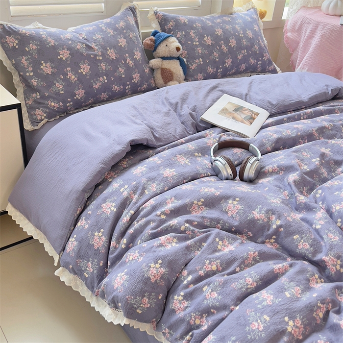 壹号库家纺 2026新款云感木棉皱皱纱双层纱四件套-全棉花边款 豆蔻