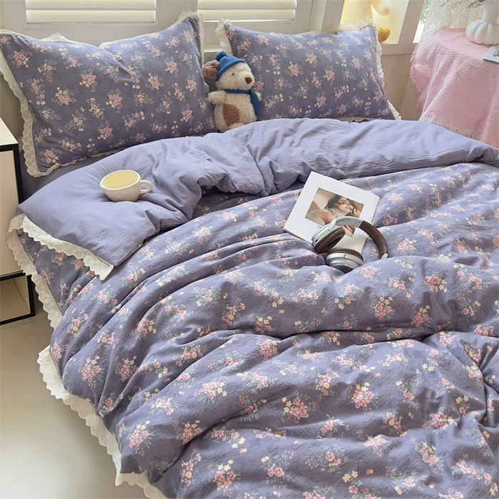 91家纺网 家纺一手货源 找家纺 壹号库家纺 2026新款云感木棉皱皱纱双层纱四件套-全棉花边款 豆蔻