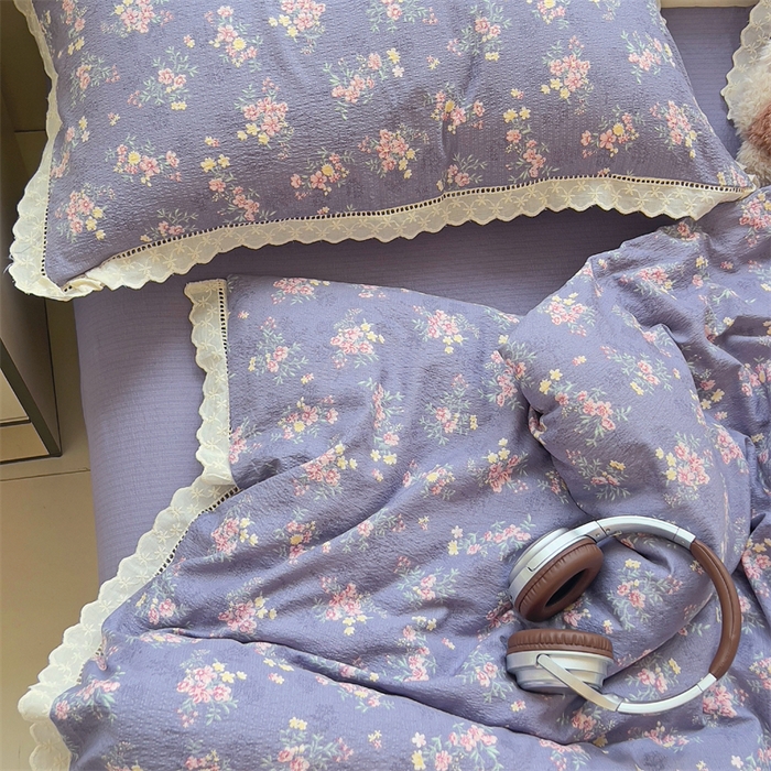 91家纺网 家纺一手货源 找家纺 壹号库家纺 2026新款云感木棉皱皱纱双层纱四件套-全棉花边款 豆蔻