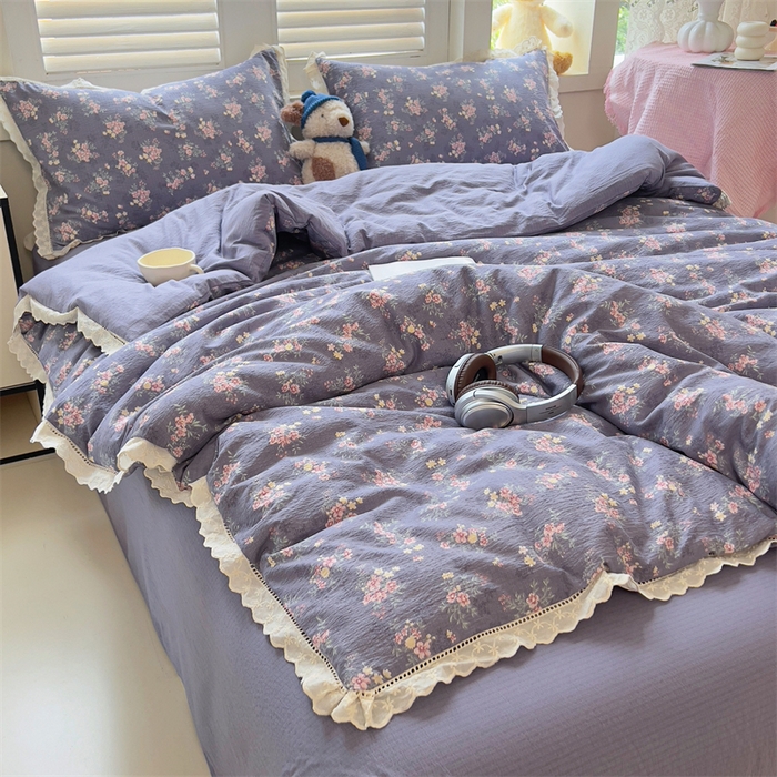 91家纺网 家纺一手货源 找家纺 壹号库家纺 2026新款云感木棉皱皱纱双层纱四件套-全棉花边款 豆蔻