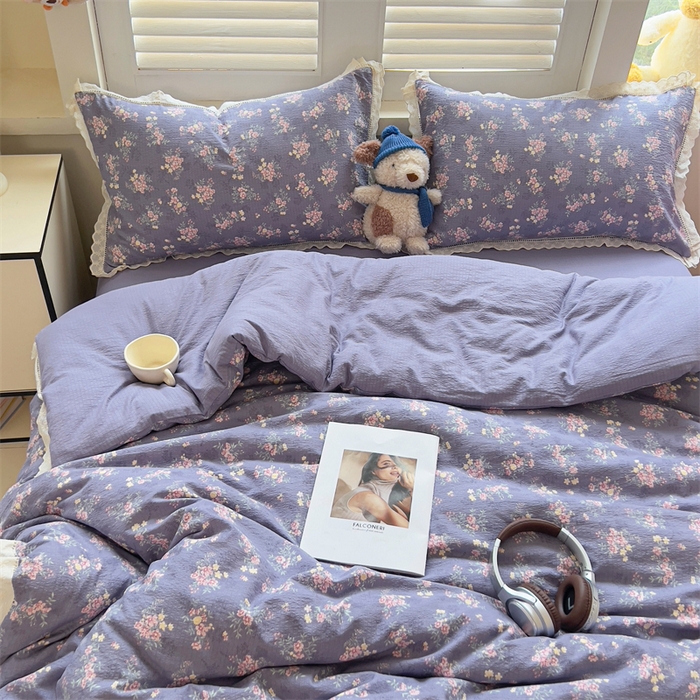 91家纺网 家纺一手货源 找家纺 壹号库家纺 2026新款云感木棉皱皱纱双层纱四件套-全棉花边款 豆蔻