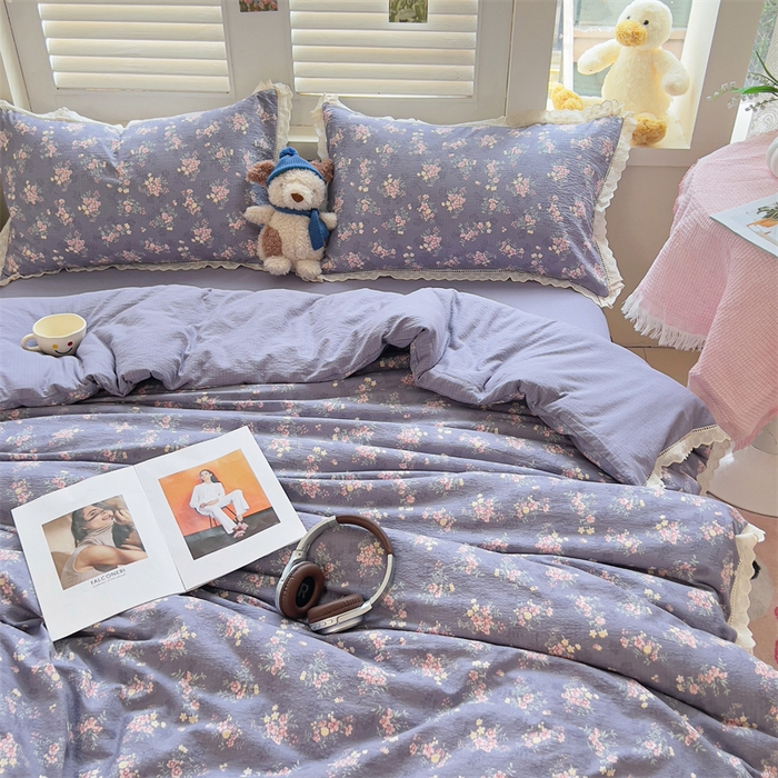 91家纺网 家纺一手货源 找家纺 壹号库家纺 2026新款云感木棉皱皱纱双层纱四件套-全棉花边款 豆蔻