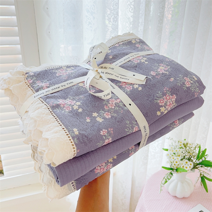 91家纺网 家纺一手货源 找家纺 壹号库家纺 2026新款云感木棉皱皱纱双层纱四件套-全棉花边款 豆蔻