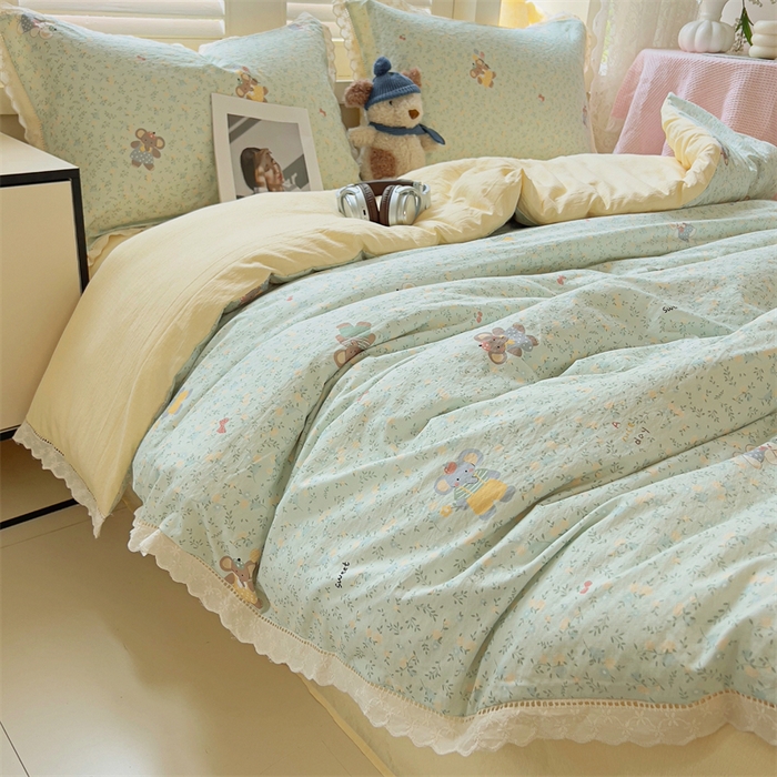 壹号库家纺 2026新款云感木棉皱皱纱双层纱四件套-全棉花边款 快乐小象