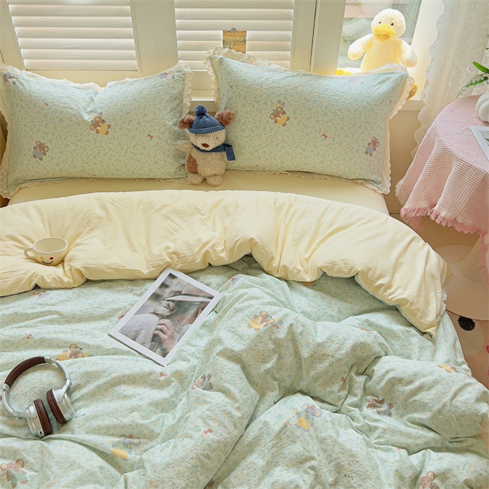 91家纺网 家纺一手货源 找家纺 壹号库家纺 2026新款云感木棉皱皱纱双层纱四件套-全棉花边款 快乐小象