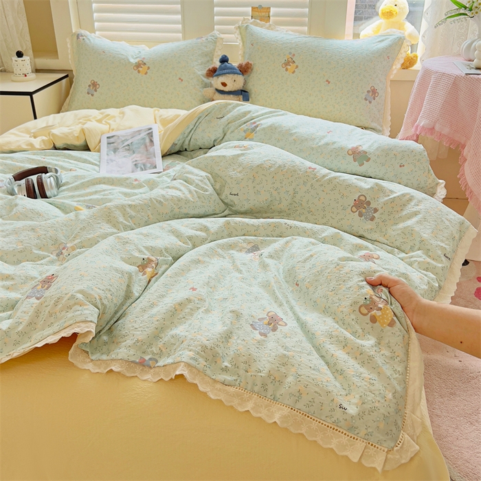 91家纺网 家纺一手货源 找家纺 壹号库家纺 2026新款云感木棉皱皱纱双层纱四件套-全棉花边款 快乐小象