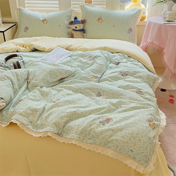 91家纺网 家纺一手货源 找家纺 壹号库家纺 2026新款云感木棉皱皱纱双层纱四件套-全棉花边款 快乐小象