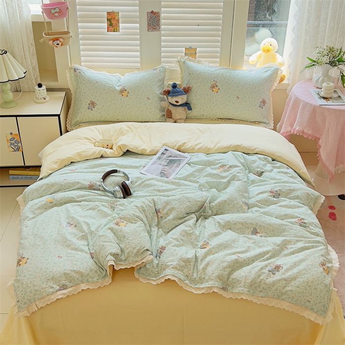 91家纺网 家纺一手货源 找家纺 壹号库家纺 2026新款云感木棉皱皱纱双层纱四件套-全棉花边款 快乐小象