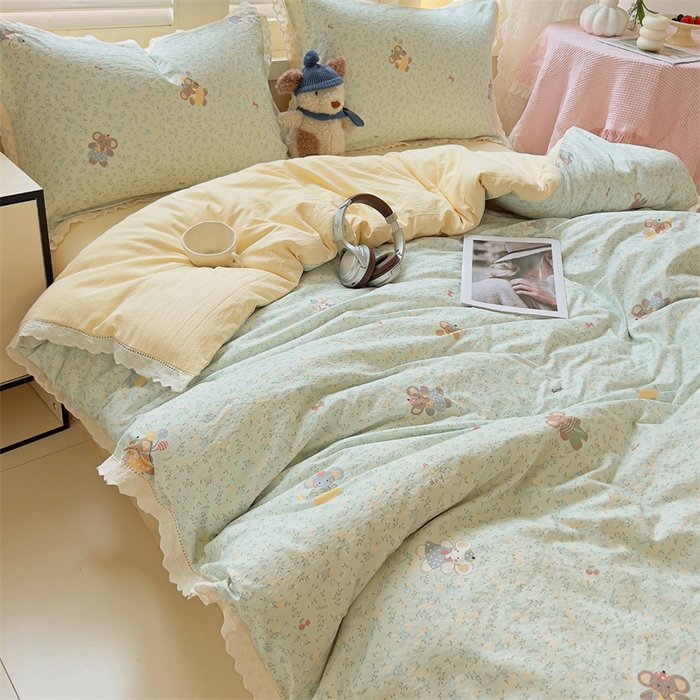 91家纺网 家纺一手货源 找家纺 壹号库家纺 2026新款云感木棉皱皱纱双层纱四件套-全棉花边款 快乐小象