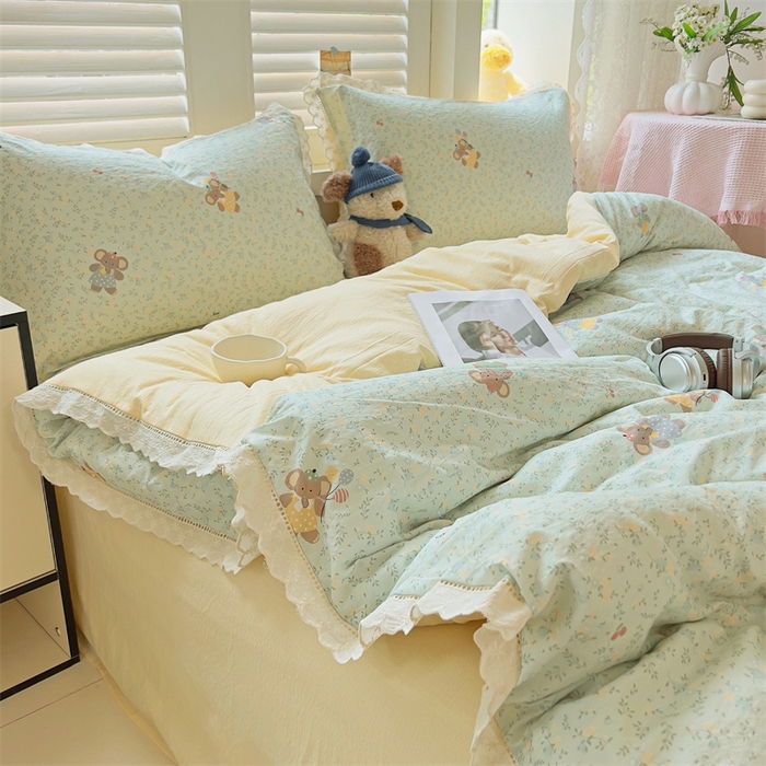 91家纺网 家纺一手货源 找家纺 壹号库家纺 2026新款云感木棉皱皱纱双层纱四件套-全棉花边款 快乐小象