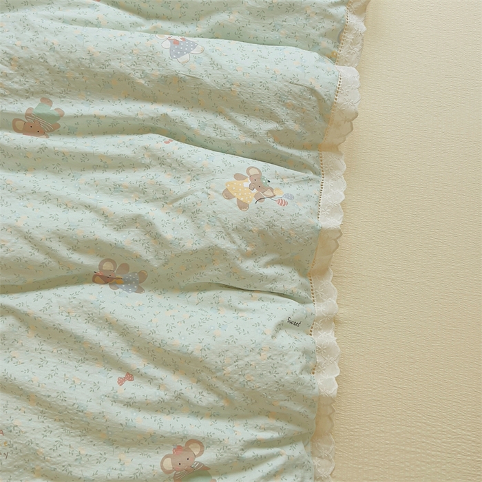 91家纺网 家纺一手货源 找家纺 壹号库家纺 2026新款云感木棉皱皱纱双层纱四件套-全棉花边款 快乐小象