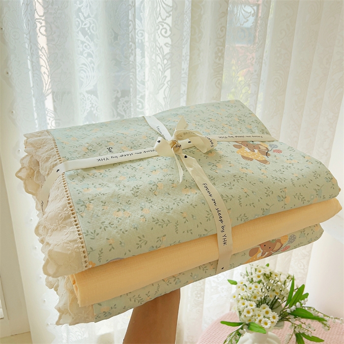 91家纺网 家纺一手货源 找家纺 壹号库家纺 2026新款云感木棉皱皱纱双层纱四件套-全棉花边款 快乐小象