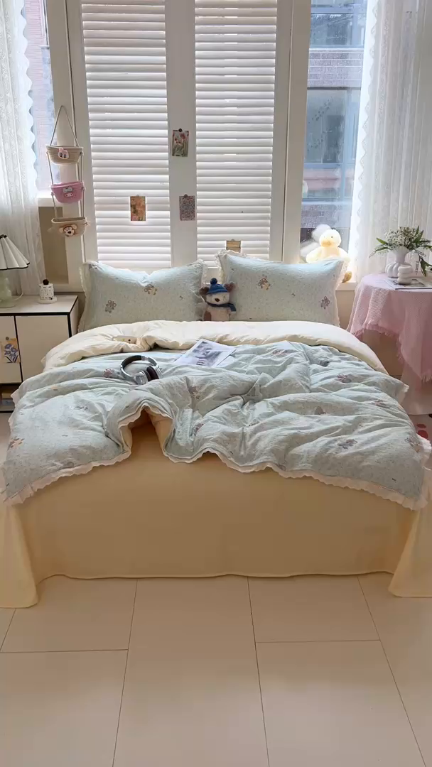 91家纺网 家纺一手货源 找家纺 壹号库家纺 2026新款云感木棉皱皱纱双层纱四件套-全棉花边款 快乐小象