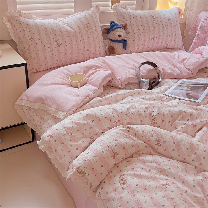 壹号库家纺 2026新款云感木棉皱皱纱双层纱四件套-全棉花边款 蕾丝小兔