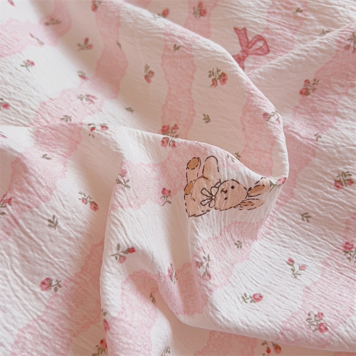 91家纺网 家纺一手货源 找家纺 壹号库家纺 2026新款云感木棉皱皱纱双层纱四件套-全棉花边款 蕾丝小兔