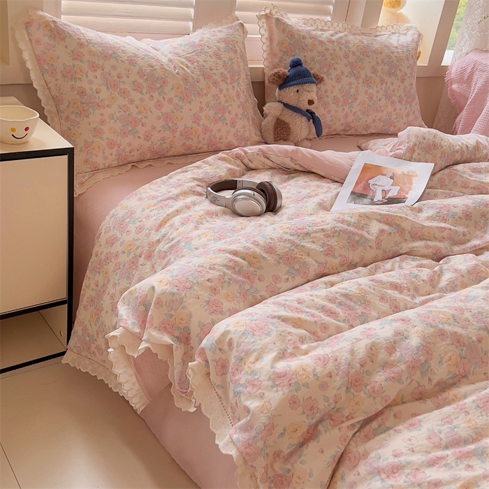 91家纺网 家纺一手货源 找家纺 壹号库家纺 2026新款云感木棉皱皱纱双层纱四件套-全棉花边款 梦露