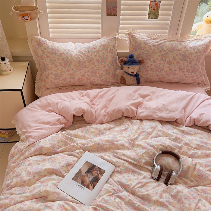 91家纺网 家纺一手货源 找家纺 壹号库家纺 2026新款云感木棉皱皱纱双层纱四件套-全棉花边款 梦露