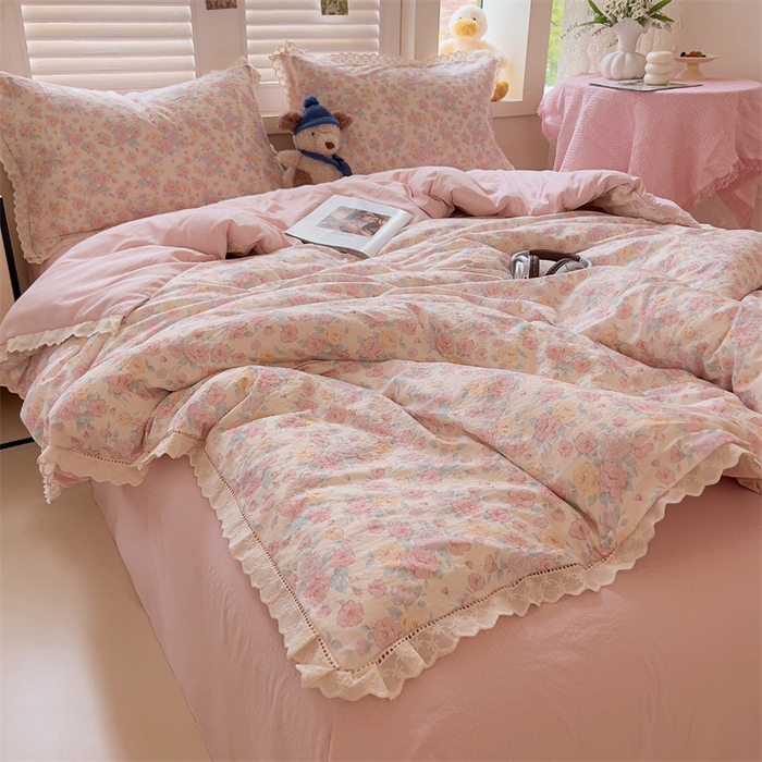 91家纺网 家纺一手货源 找家纺 壹号库家纺 2026新款云感木棉皱皱纱双层纱四件套-全棉花边款 梦露