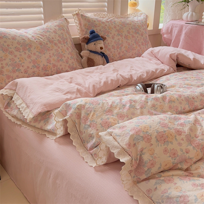 91家纺网 家纺一手货源 找家纺 壹号库家纺 2026新款云感木棉皱皱纱双层纱四件套-全棉花边款 梦露