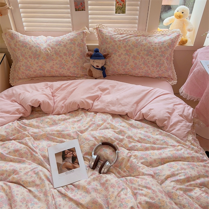 91家纺网 家纺一手货源 找家纺 壹号库家纺 2026新款云感木棉皱皱纱双层纱四件套-全棉花边款 梦露